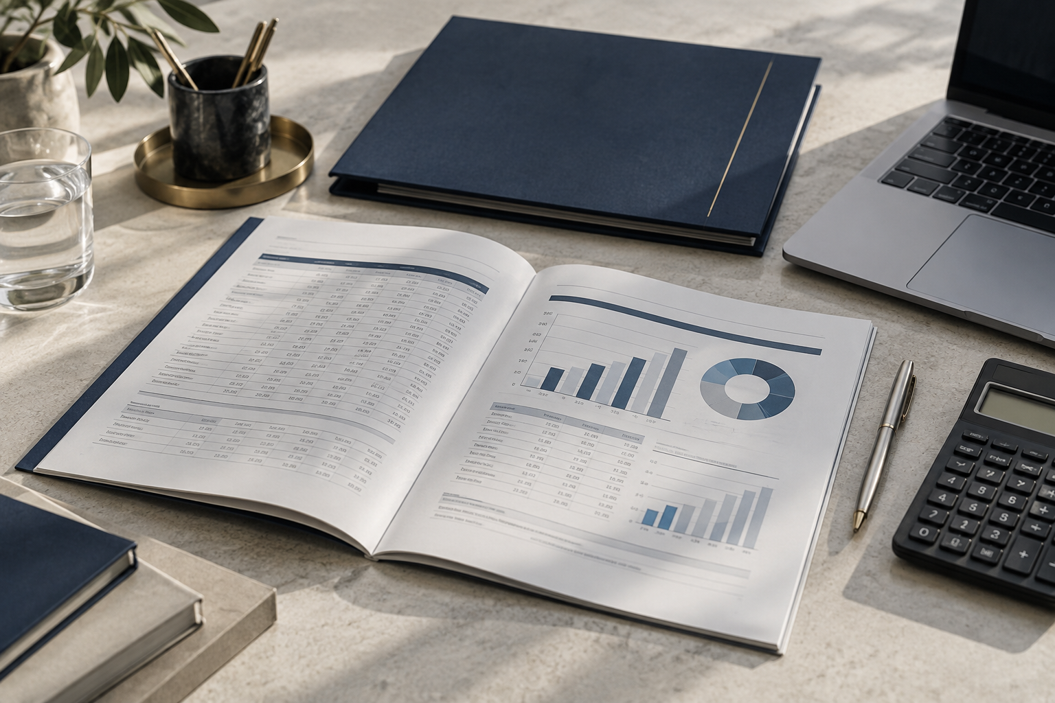 Financial reports and tools on an audit work desk